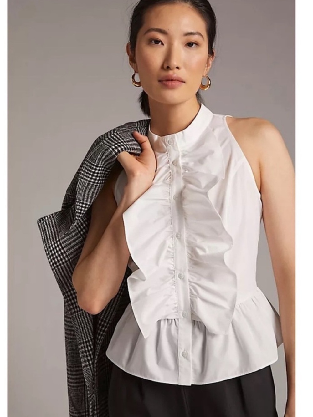 🐧 Anthropologie Mara Mara Tuxedo Sleeveless White Ruffle Peplum Top Medium